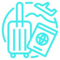 este icon representado por uma mala de viagem com pega ou mais conhecido por trólei tem tambem um passport e um avião tudo envolvido em forma circular para simbolizar a experiencia do turista